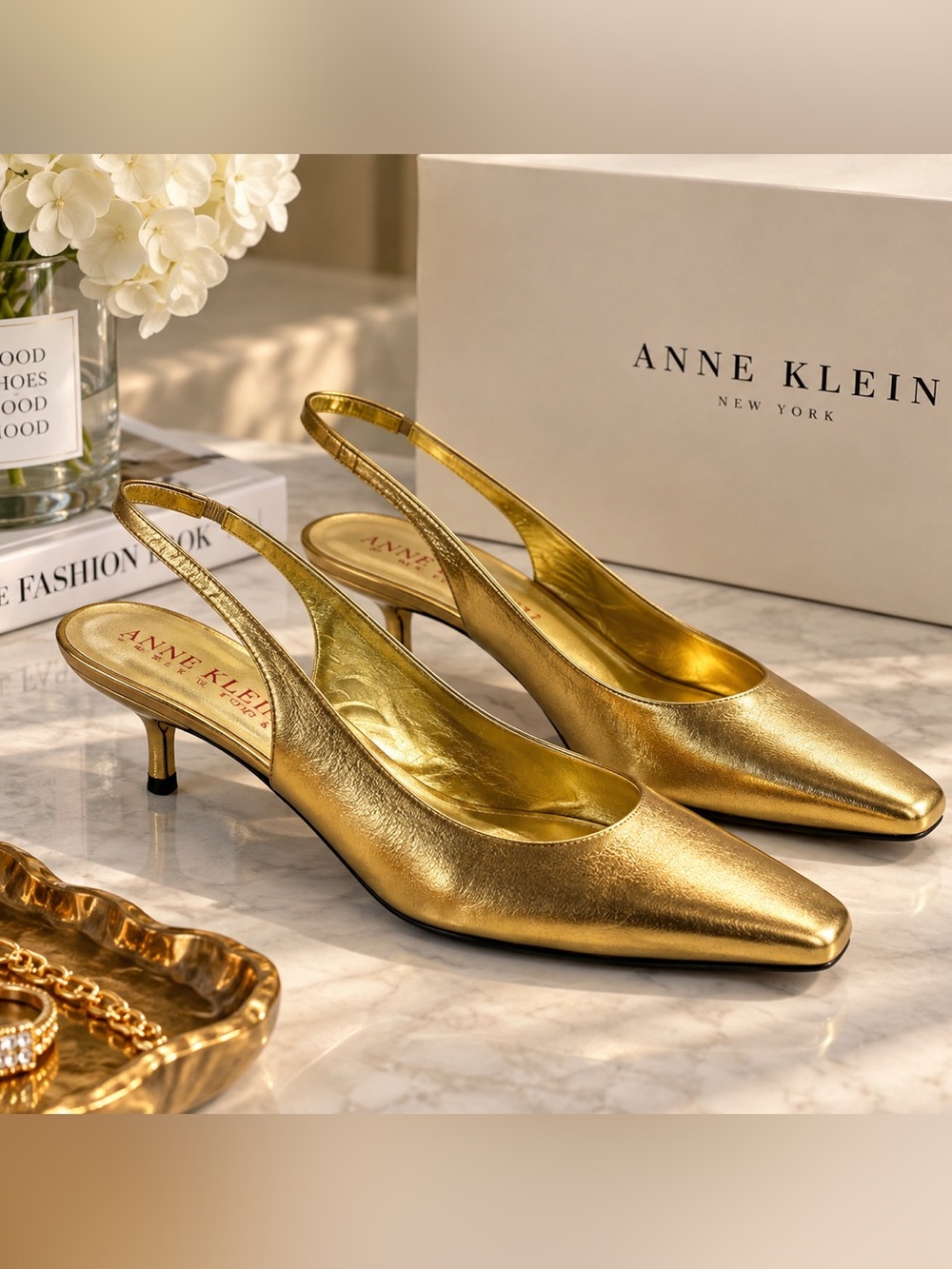 Anne Klein Gold Slingback Heels Size 6.5 M Italy Kitten Heel vintage